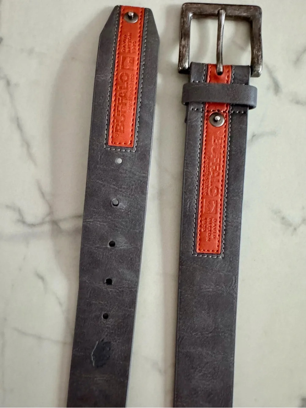 Men’s Buffalo David Bitton Gray Leather Belt w/ Orange “Seventy Three” Embossed